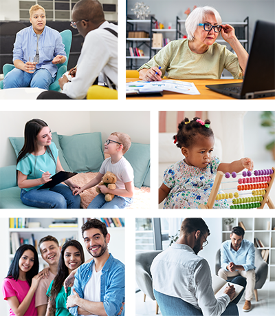 Photo collage of psychologists, students, children in various settings